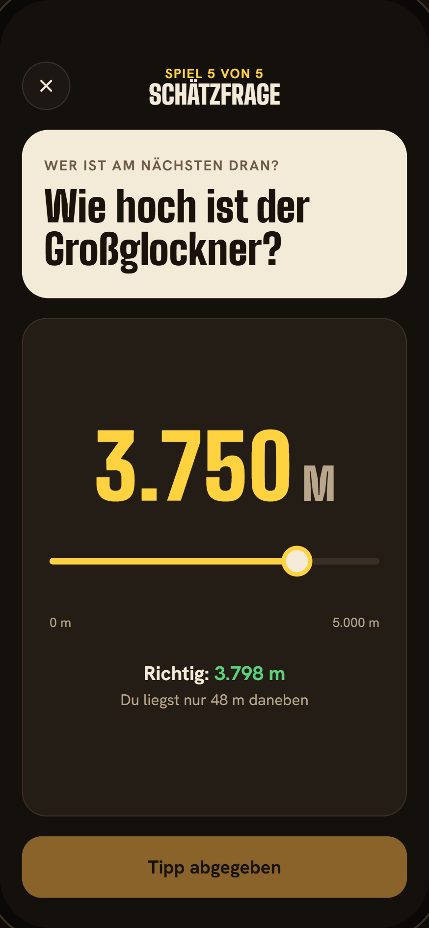 App-Entwurf: Schätzfrage mit Schieberegler, Tipp abgegeben