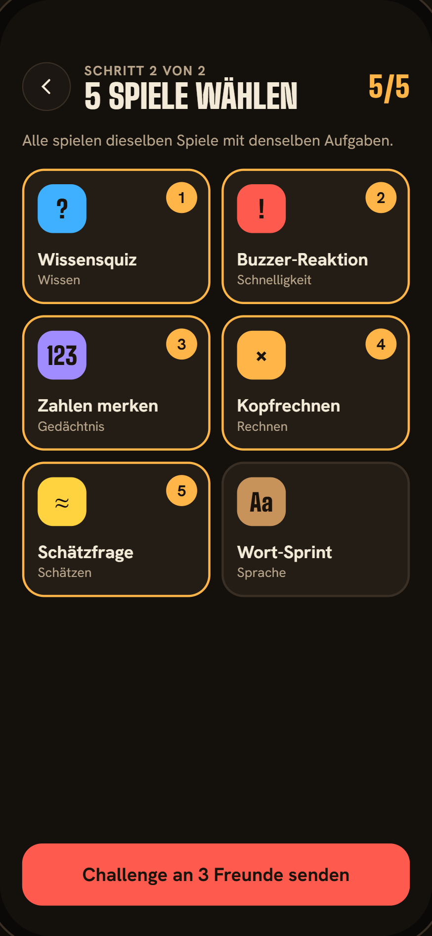App-Entwurf: fünf Spiele auswählen, Wissen, Reaktion, Gedächtnis, Kopfrechnen, Schätzen