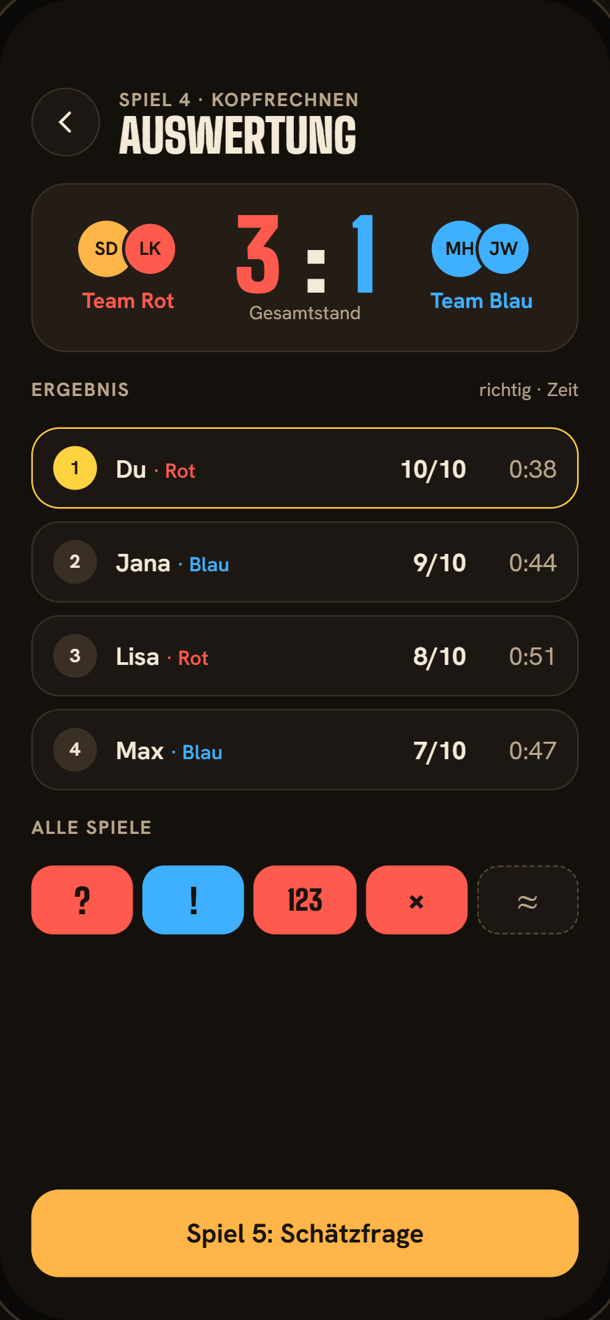 App-Entwurf: Auswertung mit Ergebnis pro Spiel und Team-Gesamtstand 3 zu 1