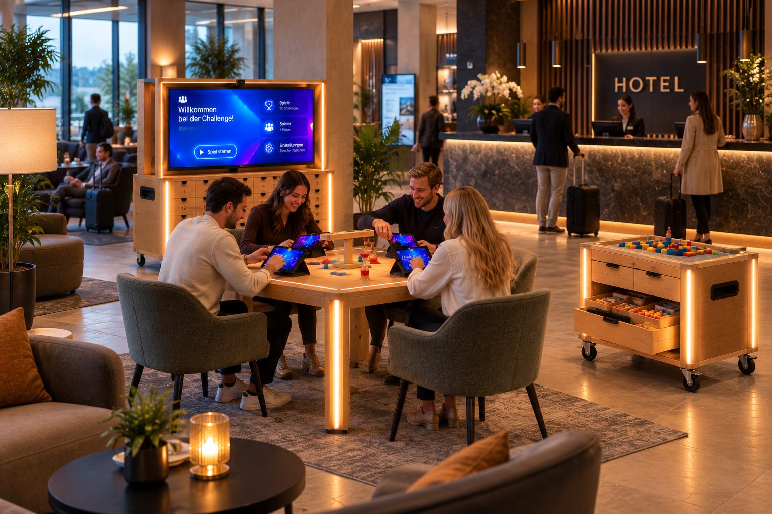 Lounge-Bereich einer Hotel-Lobby mit Spielautomat, Spieltisch und Beistelltisch