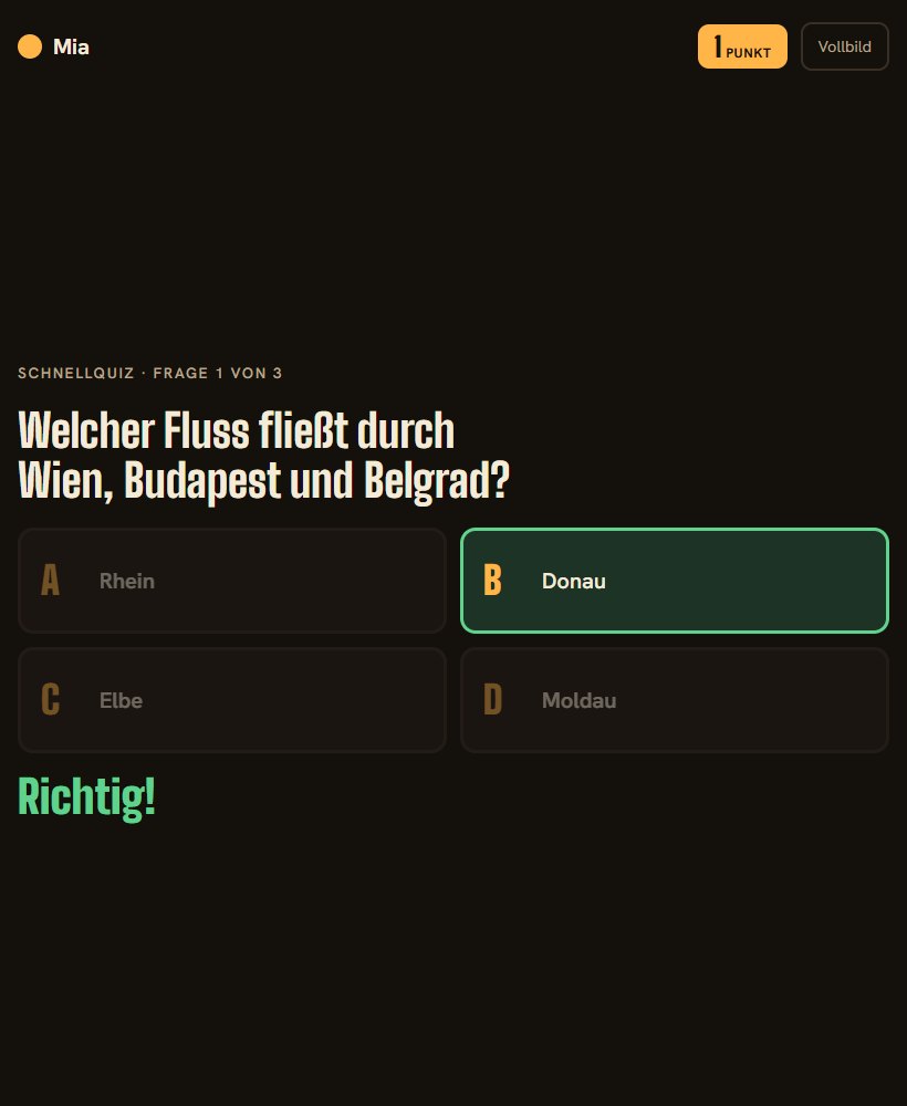 Tablet mit Quizfrage, Antwort Donau ist richtig